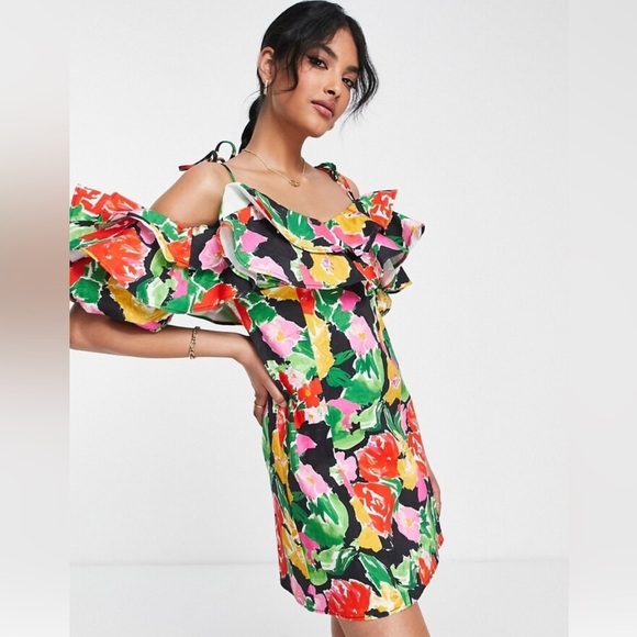 NWT Topshop Floral Bardot Mini Dress Cotton Blend Bold Ruffle Off Shoulder - Picture 2 of 7